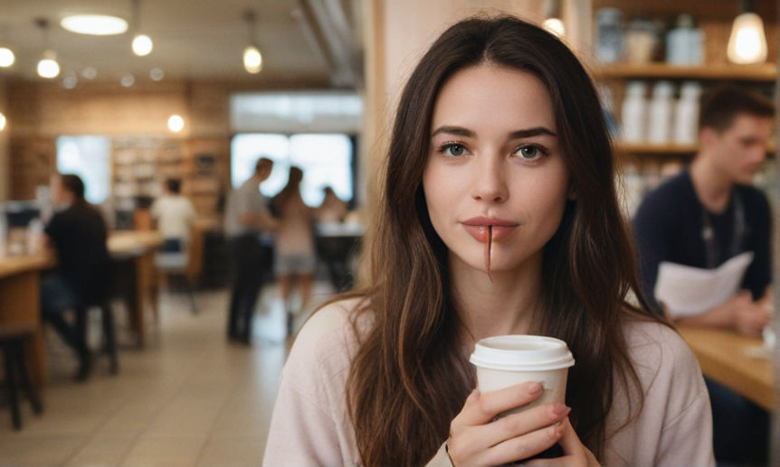 A woman is seen holding a cup of coffee, bringing it to her lips for a sip while standing in a bustling cafe.