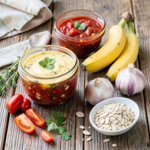 probiotic-rich foods (yogurt, kimchi) and prebiotic foods (bananas, garlic, oats) arranged on a rustic wooden table