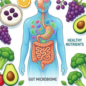 the human digestive system with colorful gut bacteria, surrounded by healthy foods like yogurt, fruits, and vegetables